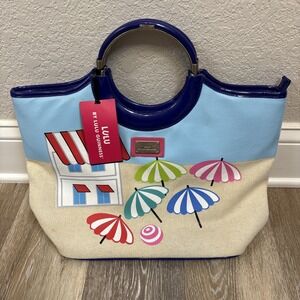 RARE NEW Lulu Guinness Beach Scene Handbag Purse Painted Cotton Linen *FLAWS*